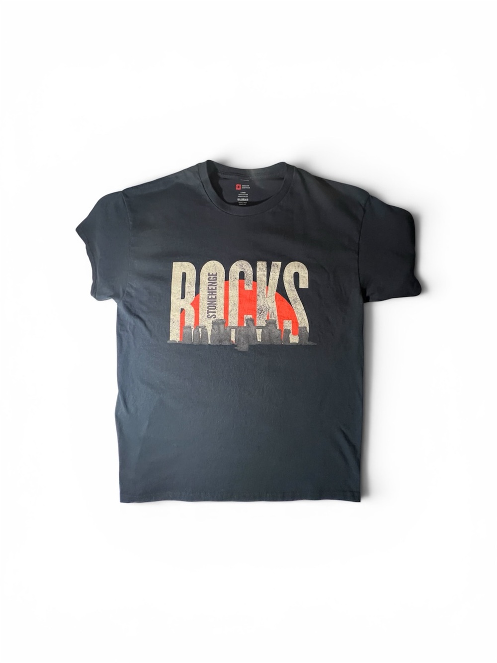 Graphic Image Black Short Sleeve 'Stonehenge Rocks' Tee with Red Accent